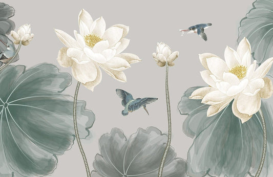 Birds & Lotus Wallpaper Mural